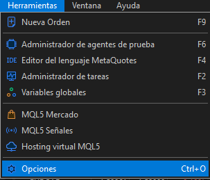 Herramientas y Opciones en la barra de menú de MetaTrader 5