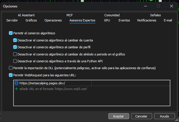 Configuración de WebRequest y permisos de Asesores Expertos